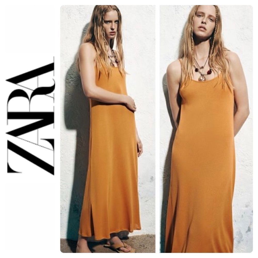NWT Zara Orange Loose Fitting Sleeveless Spaghetti Strap Knit Maxi Dress, Medium